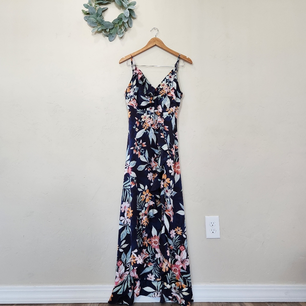 Vici Capriccio Satin Floral Ruffle Maxi Dress